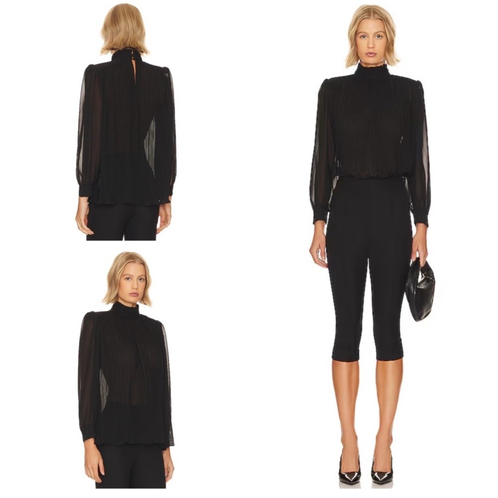 Frame Black Strong Shoulder Pleated Sheer Sleeve Blouse